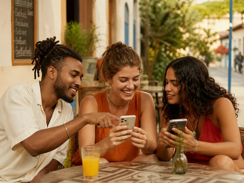 Three friends planning a trip together at an outdoor café, looking at their phones