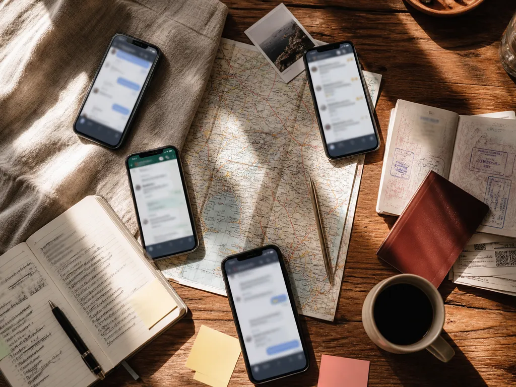 Table with phones, a crumpled map and notes — representing the chaos of planning a group trip